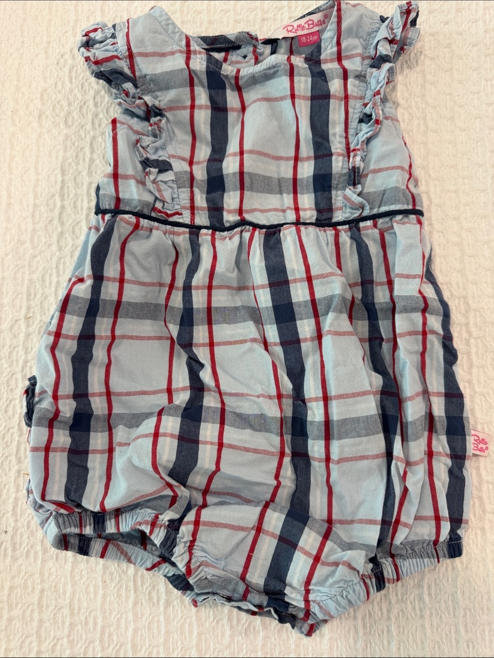 Ruffle Butts  Light Blue Plaid Ruffle Romper with Navy & Red Stripes